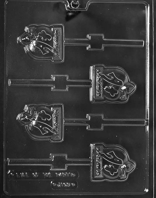 Image of A+ TEACHER ON APPLE Lollipop mold featuring apple-shaped chocolate with engraved A+ Teacher message.