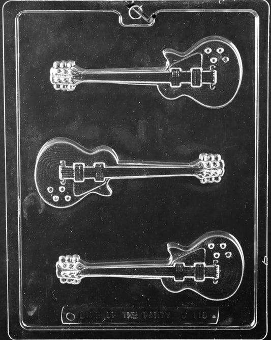 Image of ELECTRIC GUITAR mold showing sleek chocolate guitar with long neck and sharp curves.