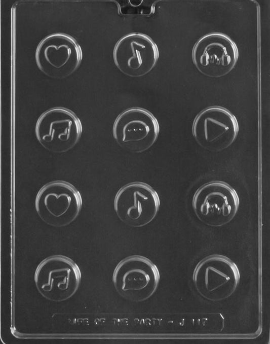 Image of INTERNET MUSIC TOPPERS mold with small chocolate accents styled like digital and music icons.