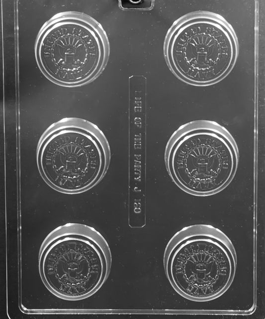 Image of US NAVY COOKIE mold with circular chocolate featuring bold NAVY lettering in center.