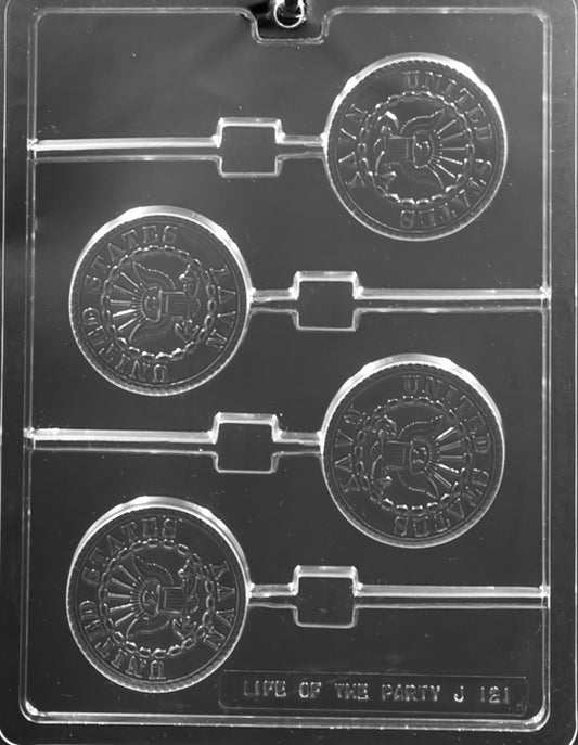 Image of US NAVY Lollipop mold with rounded chocolate pop and “Navy” engraved lettering.