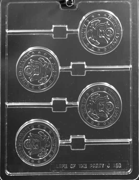 Image of US ARMY Lollipop mold with raised “ARMY” lettering on a chocolate pop.