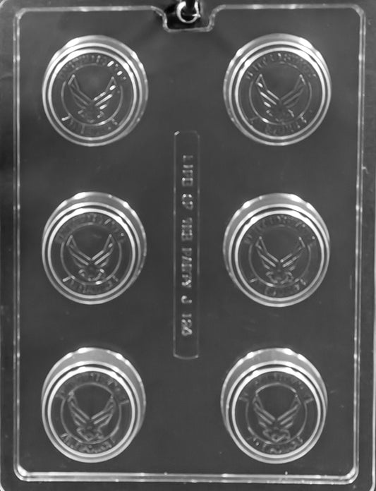 Image of US AIR FORCE COOKIE mold showing smooth round chocolate with raised “AIR FORCE” text.