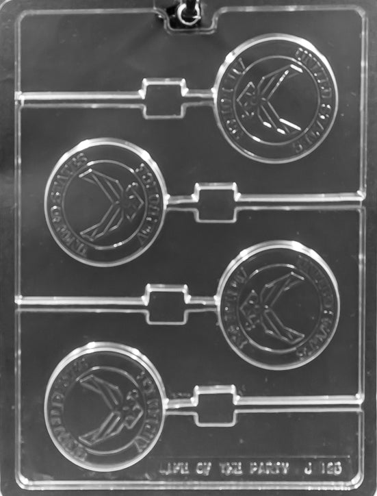 Image of US AIR FORCE Lollipop mold showing chocolate pop with raised text and crisp edges.