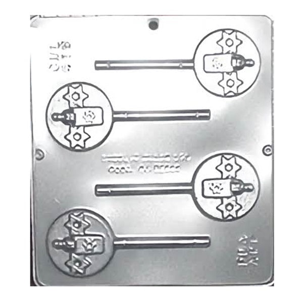 Torah and Star of David chocolate lollipop mold with 4 cavities, featuring Torah scroll and Star of David designs for making religious-themed lollipops, each cavity approximately 2.5 inches in diameter.