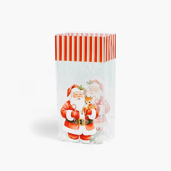 Clear Jolly Santa Cello Treat Bag featuring a vintage-style Santa Claus in a red suit holding a small reindeer, with a red, green, and white striped border across the top.