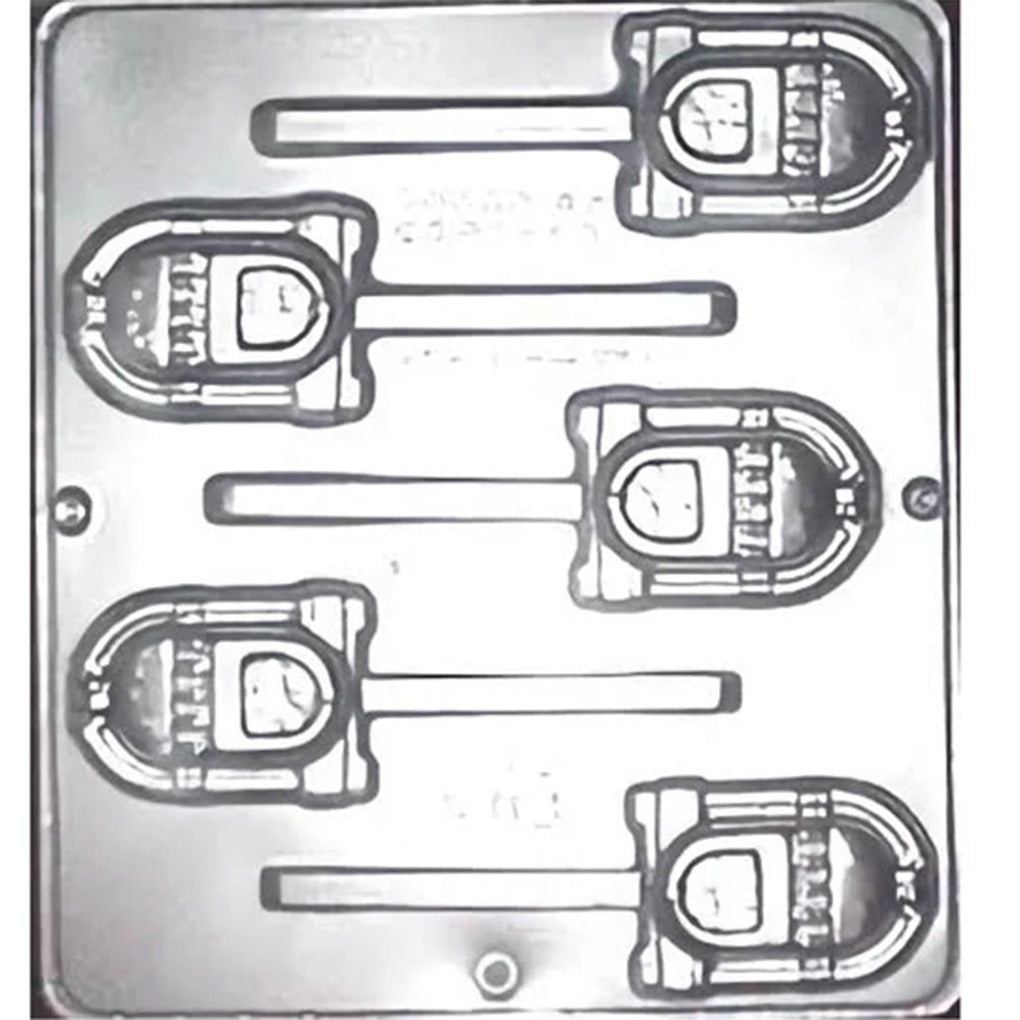 Clear plastic lollipop mold with five juke box-shaped cavities and long stick channels, shown from above on a white background.