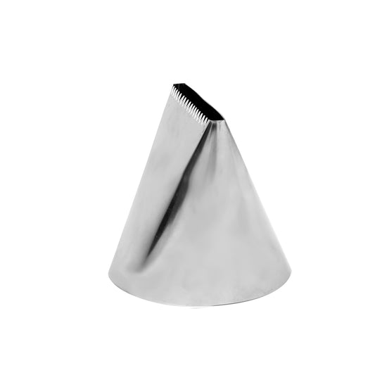 Stainless steel basketweave piping tip with a 2.25" opening, designed for cake icing and textured decorations.