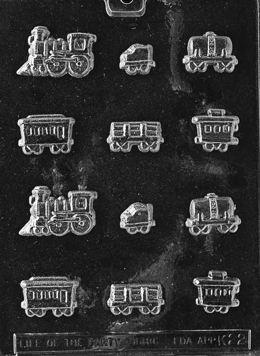 Image of SUGAR TRAIN mold with multiple tiny train cars in chocolate relief.