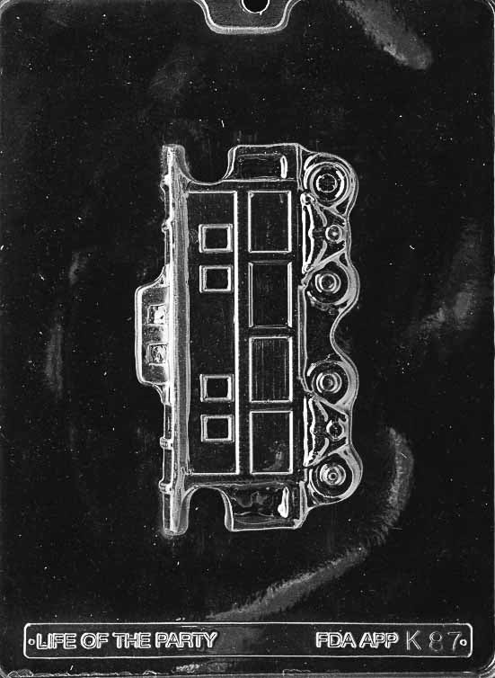 Train Caboose chocolate mold, clear mold with detailed caboose shape designed for railway-themed candy creations.