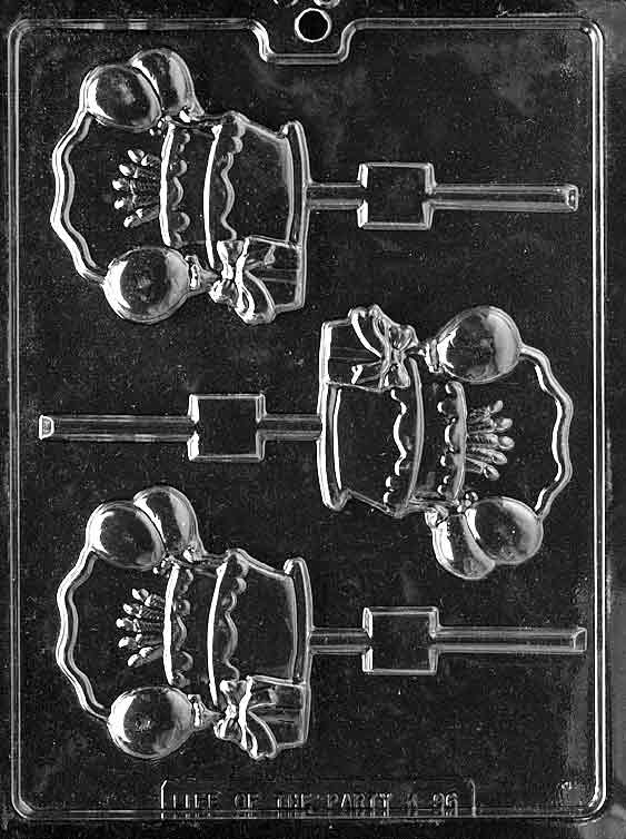Personalize Birthday Cake Lollipop chocolate mold, clear mold shaped like a small frosted cake pop with writing space.