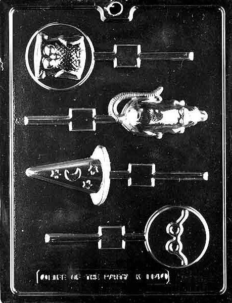 Harry the Wizard Assorted Lollipop chocolate mold, clear mold with wizard and fantasy Lollipop designs.