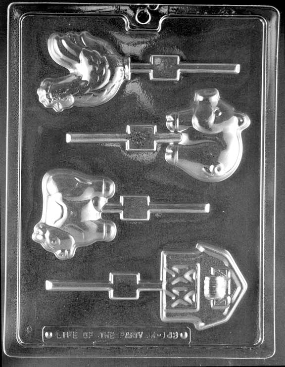 Farm Assortment Lollipop chocolate mold, clear mold with barn, cow, pig, and chicken Lollipop designs.