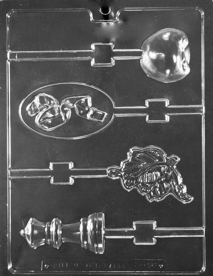 Moonlight Assortment chocolate mold, clear mold with apple, ribbon, flower, and queen shapes.