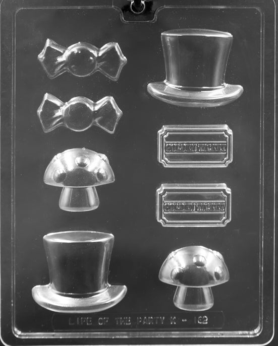 Candy Maker Assortment chocolate mold, clear mold with hat, mushroom, ticket, and candy shapes.