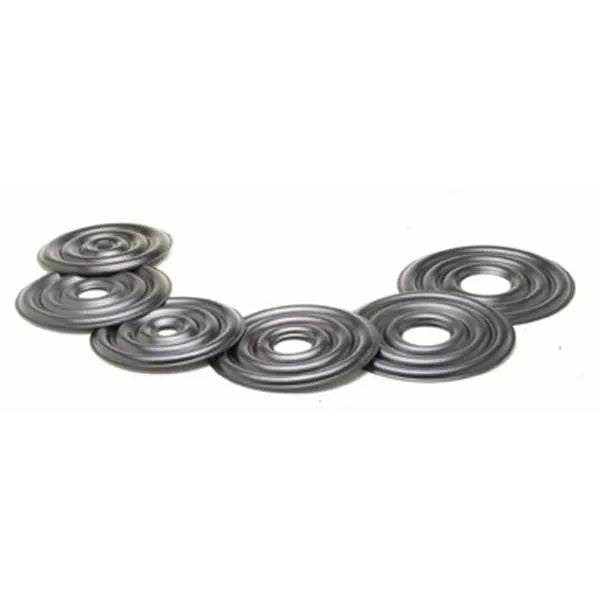 Six dark gray concentric baking rings with center openings arranged in a curve on a white background; nonstick kransekake ring set for Norwegian wreath cake.