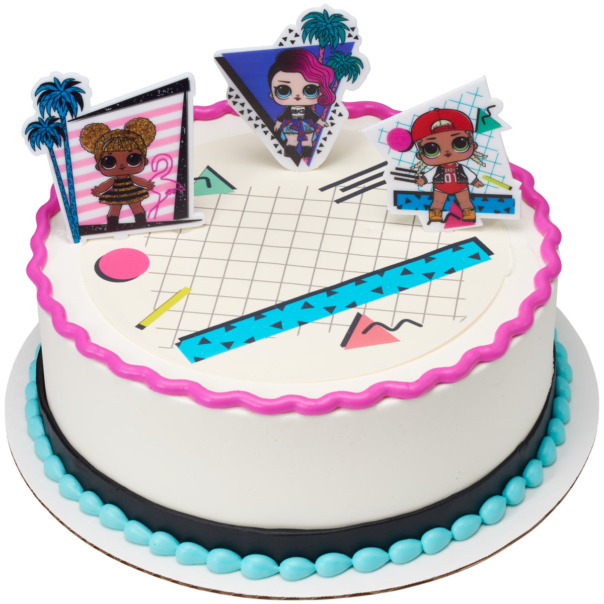 Round white L.O.L. Surprise!™ cake topped with three Born to Sparkle character picks, pink piping, turquoise border accents, and a colorful retro geometric cake design.