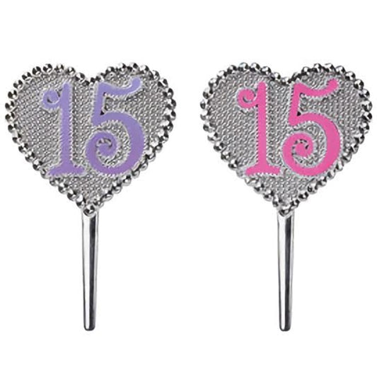 "La Quinceañera" heart-shaped cupcake picks, each with a delicate number "15" set against a glittering silver background, surrounded by a ring of small beads, celebrating a young lady's milestone with elegance and grace.