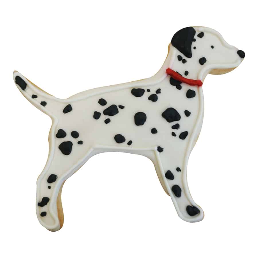 Dalmatian-themed decorated sugar cookie, with white icing and black spots, plus a red collar.