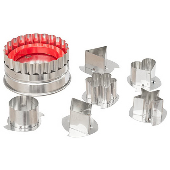 Ateco 4841 7-piece stainless steel Linzer cutter set, including a large fluted cookie cutter with a red insert and six interchangeable center cutters in various shapes.