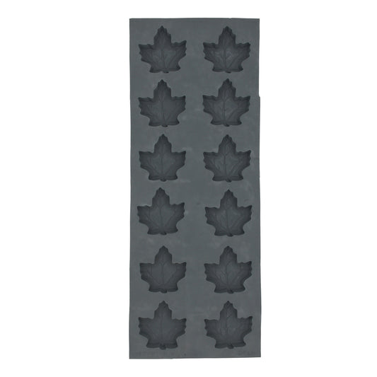 A rectangular rubber mold with 12 cavities shaped like maple leaves, perfect for making cream cheese mints and chocolates. Each cavity measures 1.875 inches by 1.875 inches by 0.5 inches deep.