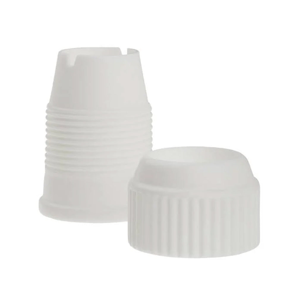 Large white plastic piping tip coupler shown in two pieces, with a tall threaded base and a ribbed screw ring cap, photographed on a white background.