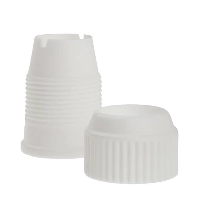 Two-piece large white plastic piping tip coupler from Ateco, designed for quick tip changes when decorating cakes and pastries.