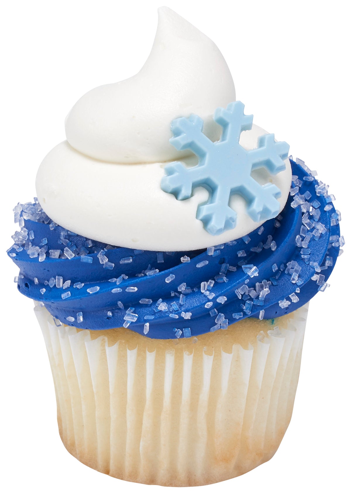 Vanilla cupcake in a white paper liner topped with blue buttercream frosting, sparkling clear large sugar crystals, white frosting swirl, and a light blue snowflake decoration.