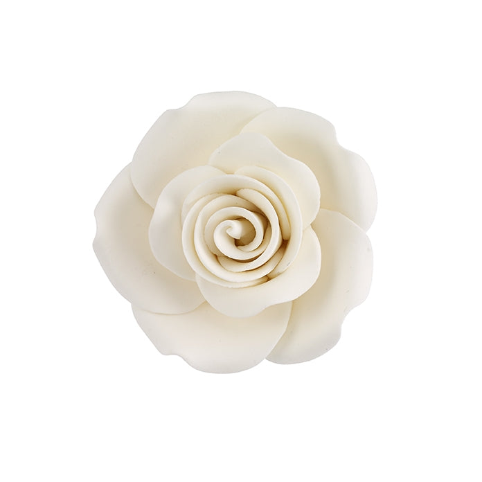 White gum paste garden rose with layered petals and a spiral center, measuring 4 inches wide and mounted on a wire stem for cake decorating.