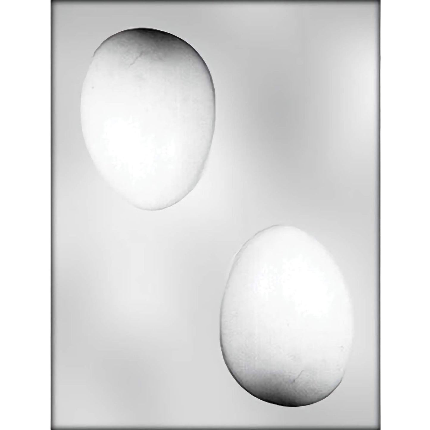 Large 3D egg-shaped plastic chocolate mold with 2 cavities, designed to create 3" x 4" x 3" solid chocolate eggs, suitable for chocolate, soap, plaster, or concrete crafting.
