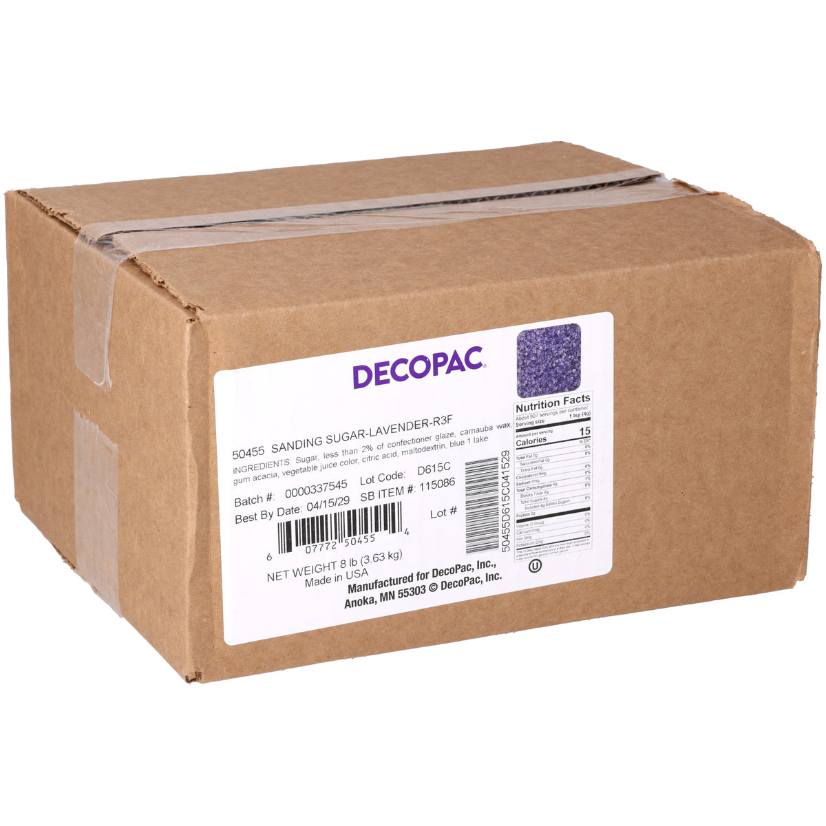 DecoPac Lavender Sanding Sugar 8 lb bulk case in a brown cardboard box with white product label, purple sugar color swatch, and item #50455.