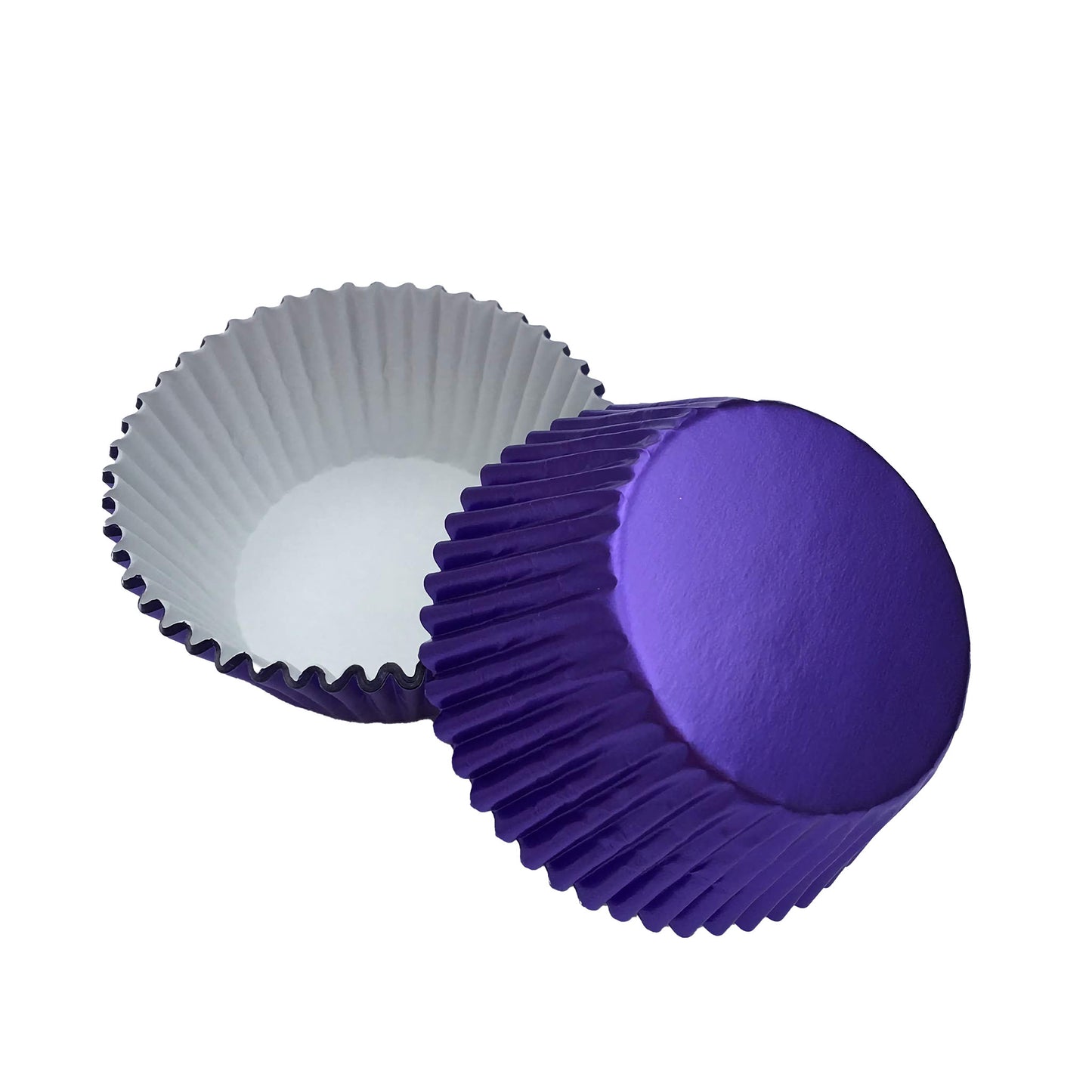 Standard-sized lavender foil baking cups, displayed both open and stacked. The cups have a shiny, reflective lavender exterior with a white interior, adding a touch of sophistication to baked treats.