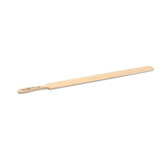 A 24-inch wooden lefse turning stick with a 1.5-inch width, featuring a tapered edge for easy flipping and a decorative burned rosemaling handle.