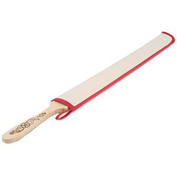 A 24-inch wooden lefse turning stick with a protective cotton sheath featuring red trim and a hanging loop.