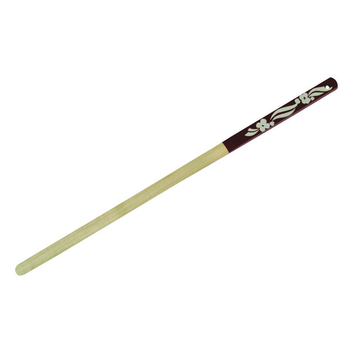 Scandinavian lefse turning stick made of soft maple with a floral-inscribed red handle, designed for flipping and transferring lefse on the griddle.