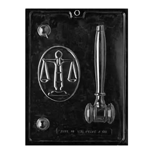 he image depicts a chocolate mold with shapes related to the legal profession, such as a gavel, scales of justice, and a law book, making it suitable for creating themed treats for law school graduations or professional gatherings.