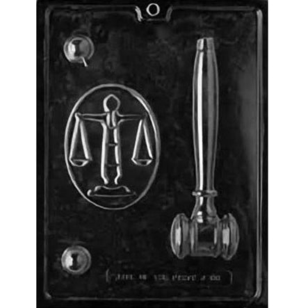 he image depicts a chocolate mold with shapes related to the legal profession, such as a gavel, scales of justice, and a law book, making it suitable for creating themed treats for law school graduations or professional gatherings.