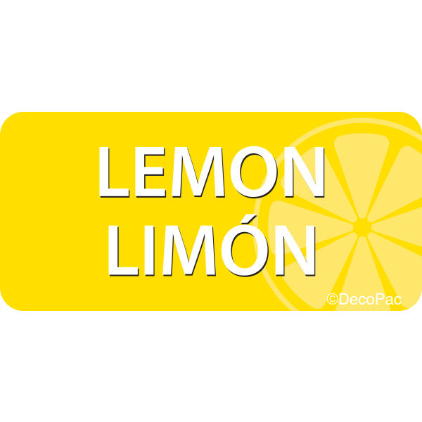 Lemon Limón cake label with bold bilingual text on a bright yellow background and a lemon slice graphic, perfect for bakery flavor signage.