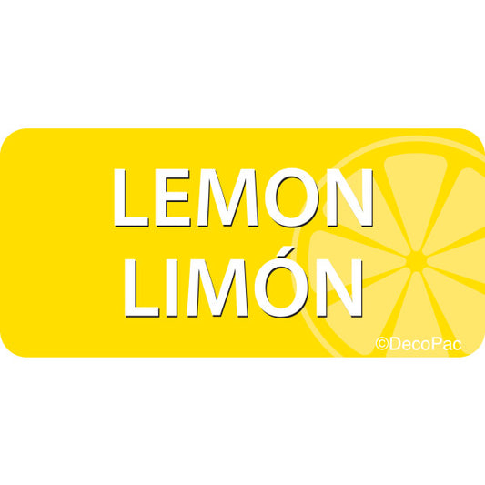 Lemon Limón cake label with bold bilingual text on a bright yellow background and a lemon slice graphic, perfect for bakery flavor signage.
