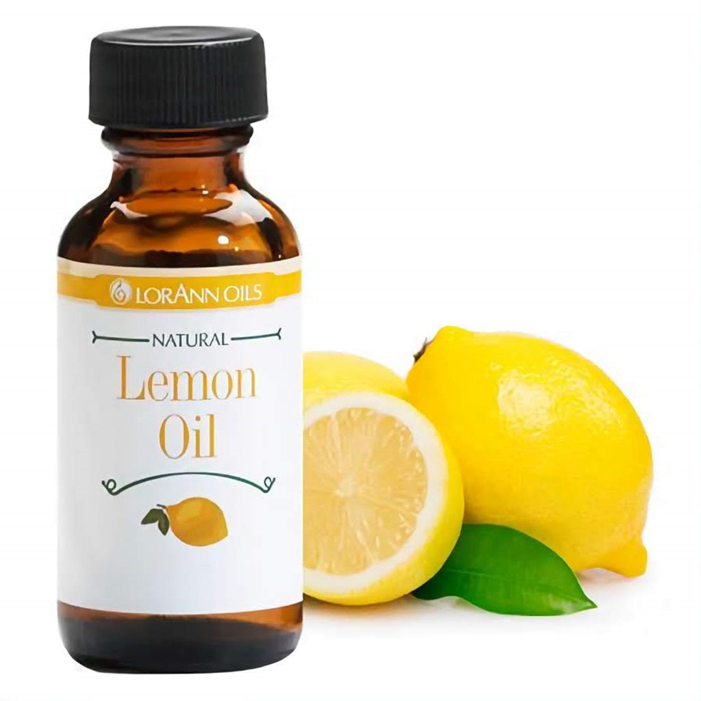 1 fl oz bottle of LorAnn Oils Natural Lemon Oil with bright yellow lemons, representing the refreshing and tangy flavor of lemon.