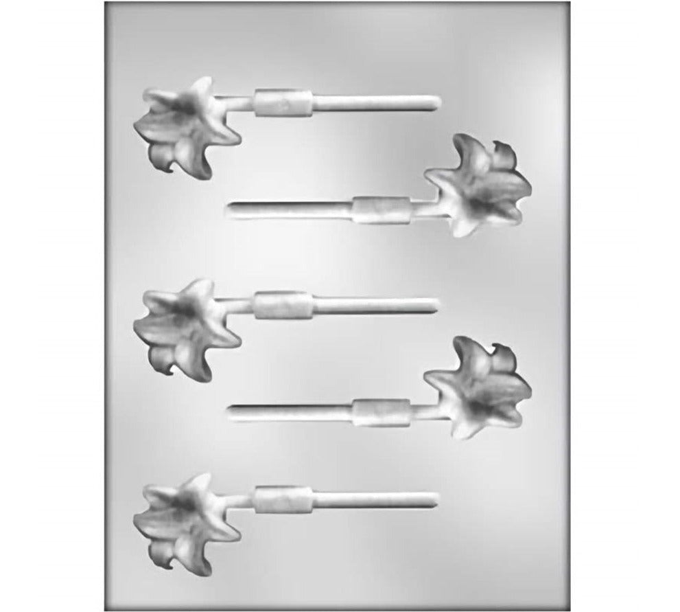 Lollipop chocolate mold with intricate lily flower designs, suitable for creating floral-themed sweets or party favors.