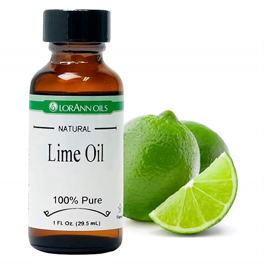 LorAnn Oils Natural Lime Oil, 100% pure in a 1 fl oz bottle, displayed with vibrant green limes, showcasing a fresh and zesty lime flavor.