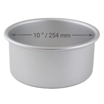10" Diameter x 3" Deep loose bottom round aluminum cake pan with removable base, ideal for sponge cakes and even baking.