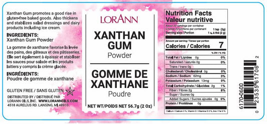 Back label of LorAnn Xanthan Gum Powder showing nutrition facts, ingredients, usage instructions, and gluten-free/kosher certifications