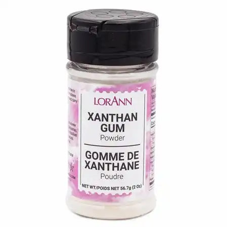 LorAnn Xanthan Gum Powder, 2 oz (56.7g), in a clear jar with a black lid.
