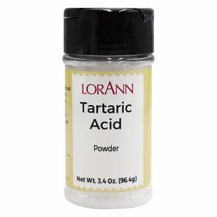LorAnn Tartaric Acid powder in a 3.4 oz plastic container with black lid and yellow label, used for candy making and sugar work.