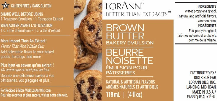 LorAnn Better Than Extracts Brown Butter Bakery Emulsion label showing “Brown Butter,” “Bakery Emulsion,” gluten free icon, ingredients panel, and 4 fl oz (118 mL) size.