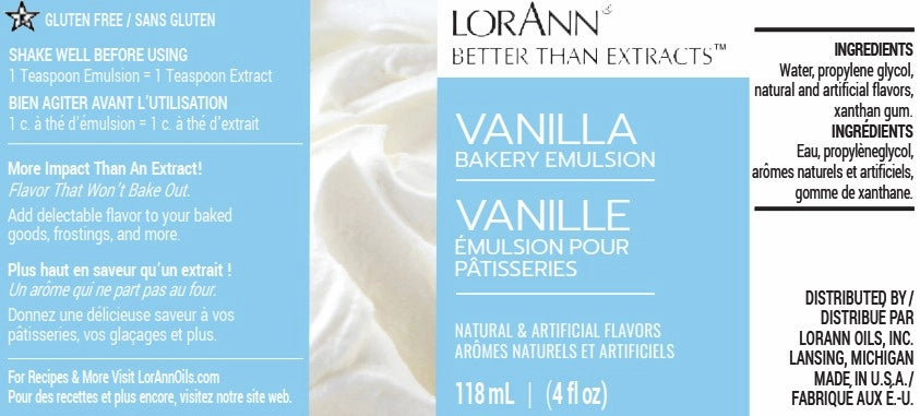 LorAnn Vanilla Bakery Emulsion packaging label panel showing light blue and white design, usage directions, ingredients list, and 4 fl oz size information