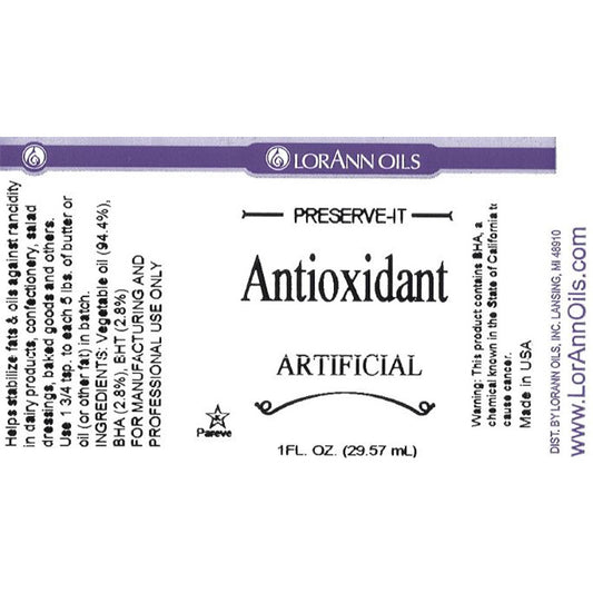 Close-up of the LorAnn Preserve-It Antioxidant label showing the product name, “Artificial,” and 1 fl oz (29.57 mL) text across a white label with purple accents.