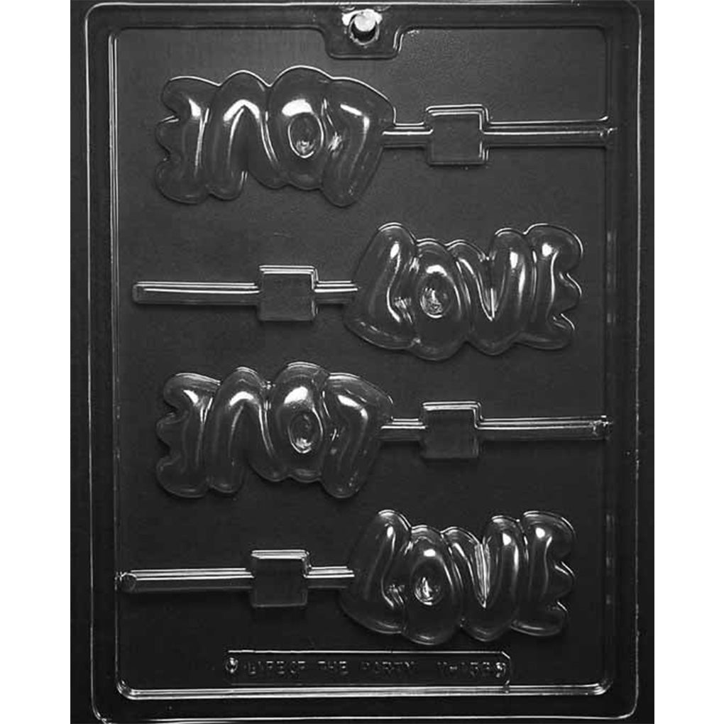 Clear plastic chocolate lollipop mold with four cavities shaped like the word LOVE in puffy bubble letters, each connected to a lollipop stick channel, shown on a dark background.